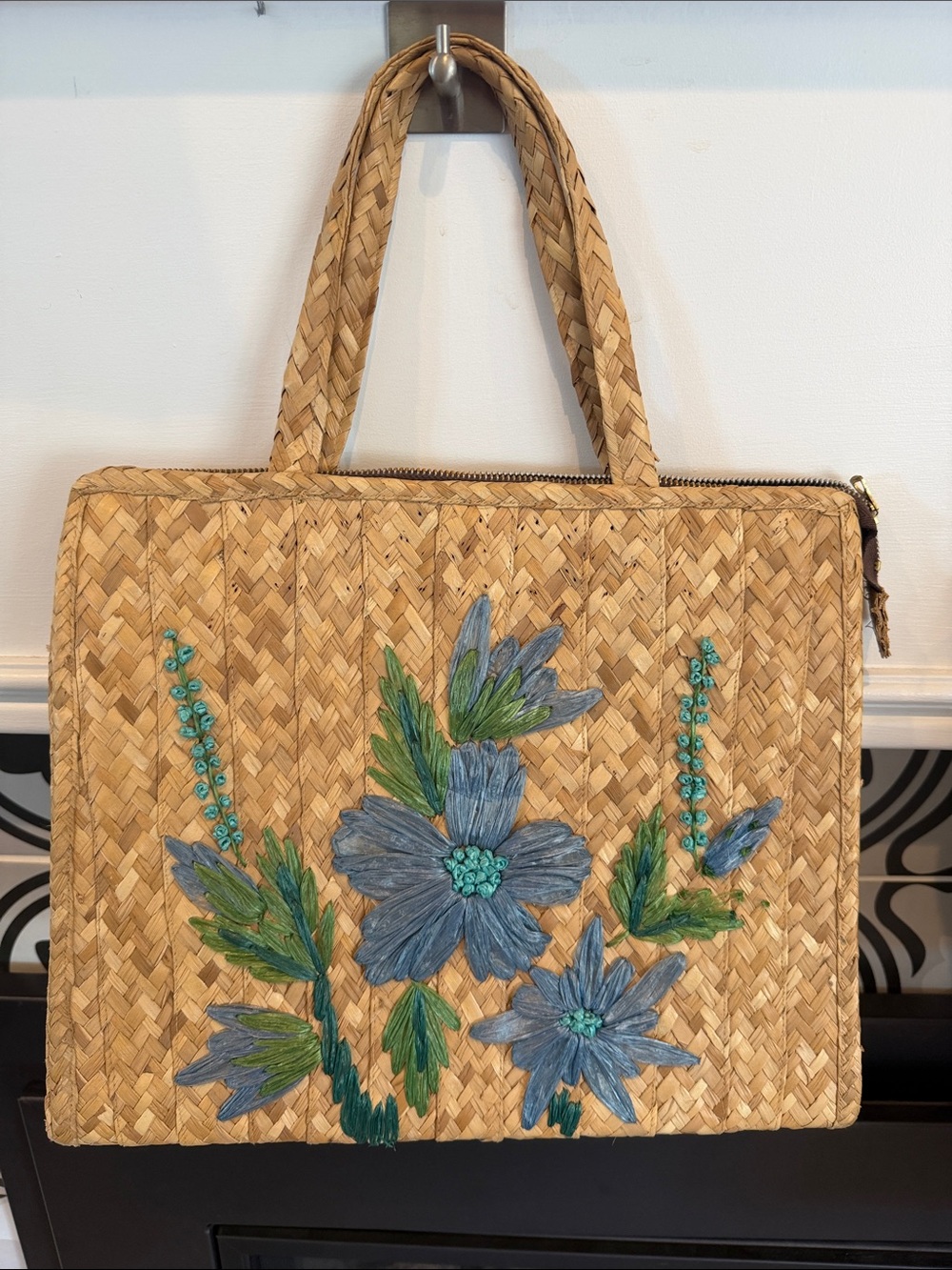 Woven Straw Tote with Blue Rafta Floral Embroidery